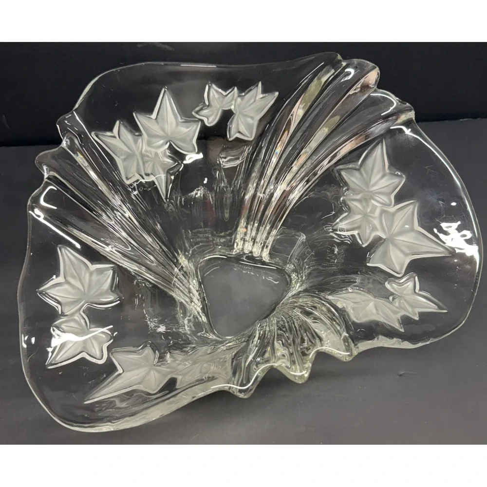 Vintage Crystal Fan Vase Frosted Ivy Leaf Flared Ribbed Art Deco Style Centerpc